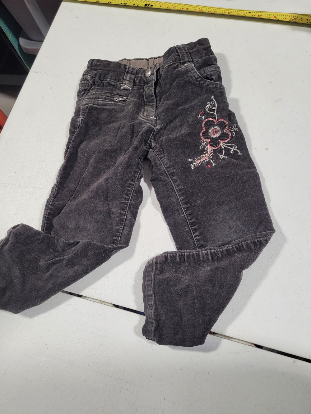 Hestra Black Corduroy Skinny Pants with Pink Floral Stitching
